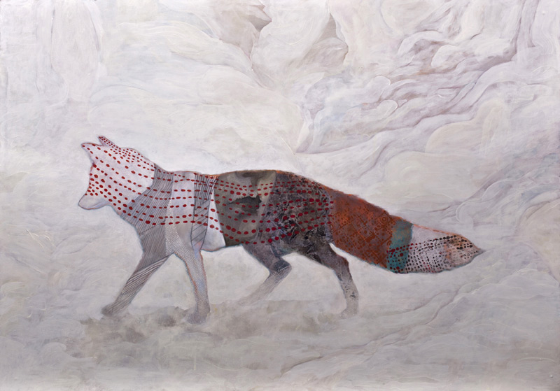 oil painting on wood of a fox, snow