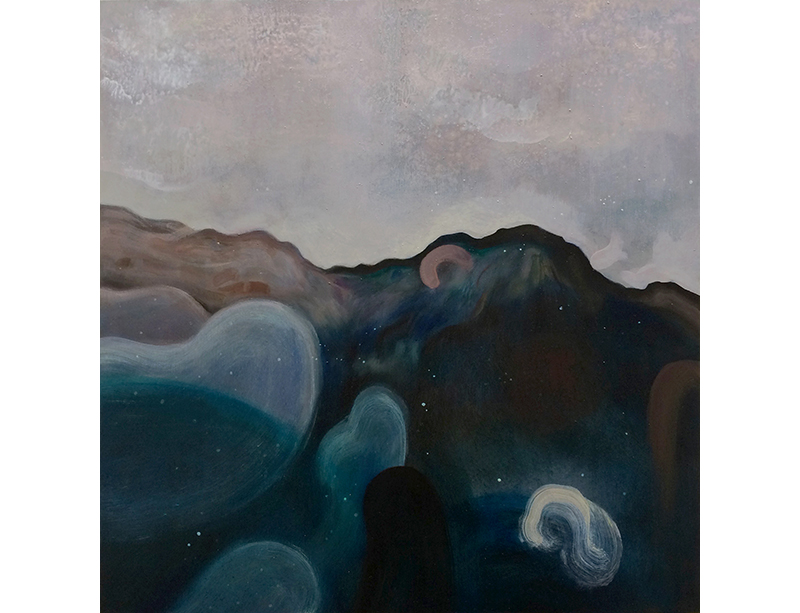oil on wood painting, mountain landscape, somber colours, sprachspiele