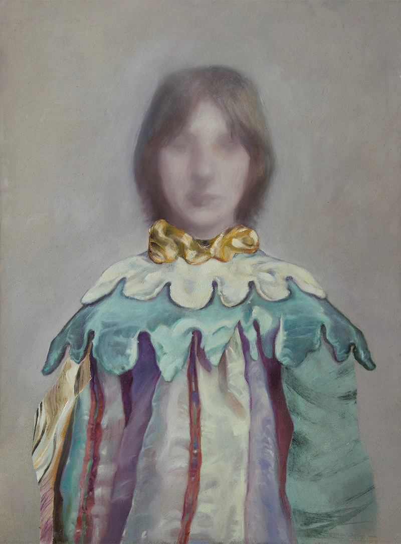 oil painting on paper, costume dress, iridescent fabric