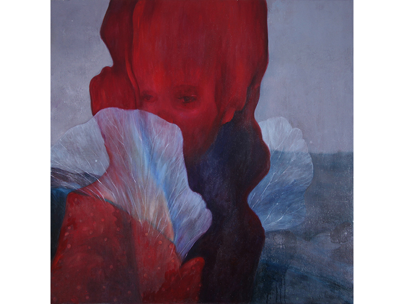 oilpainting on wood, red angel, surrealism, 
