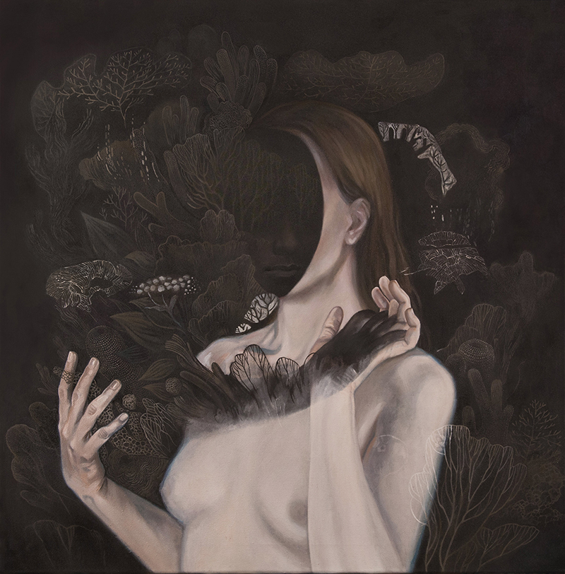 oil painting, surreal nude, somber colours