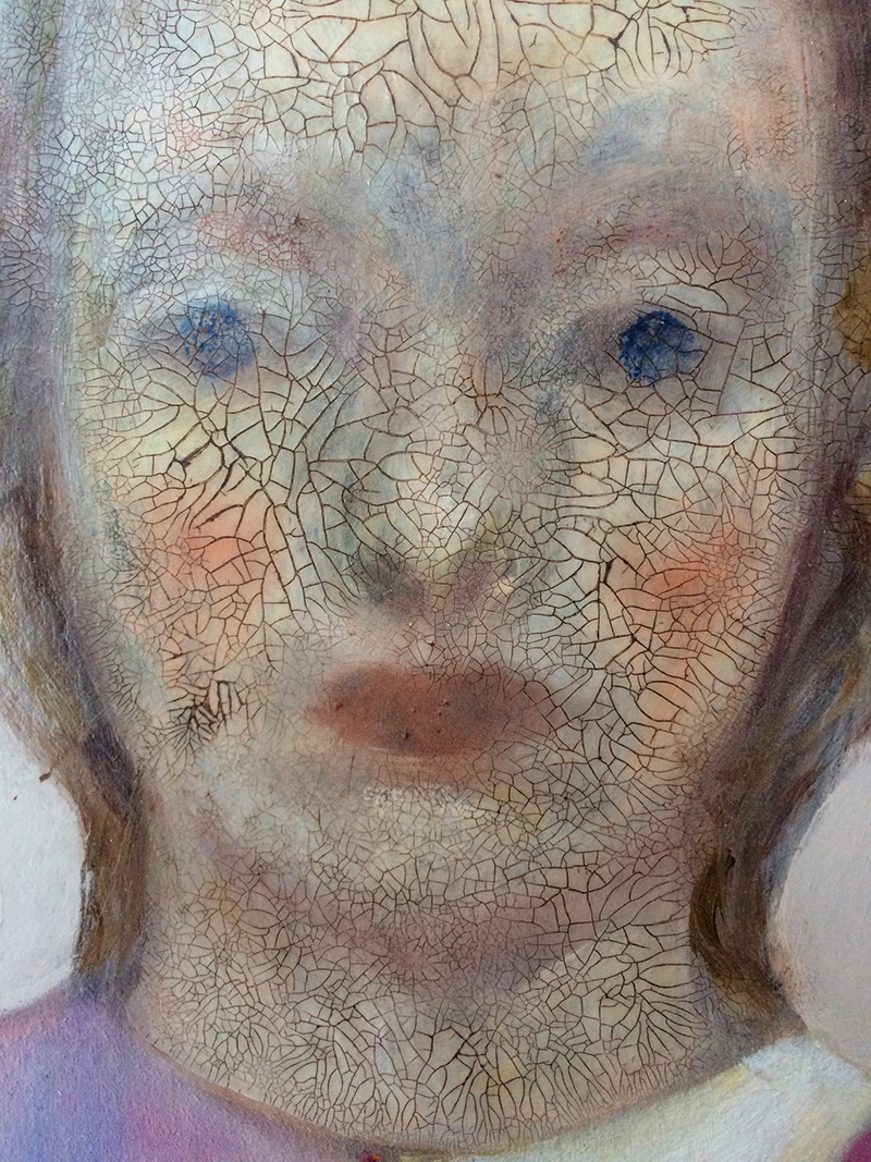 oil painting on wood, visage craquelé, craquelure